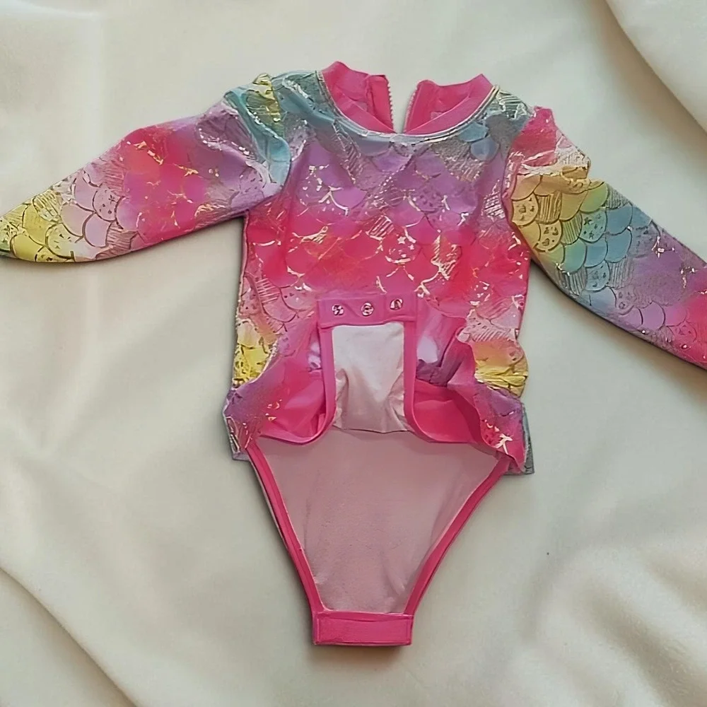 Size 2T Cat & Jack Swimsuit Pink Rainbow Mermaid Scale Gold Foil Ruffle